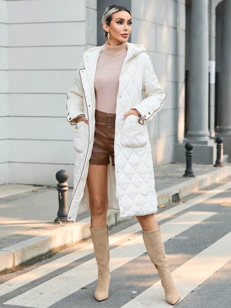 SHEIN Privé Áo khoác trùm đầu có đệm sọc có túi và thiết kế chắp vá - trắng - Xem 1