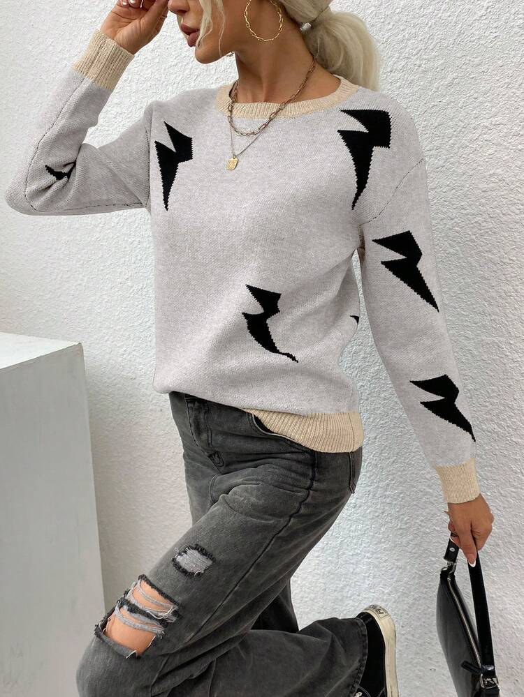 Lightning Pattern Drop Shoulder Knit Pullover Fall Winter Sweater