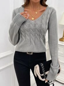 SHEIN LUNE Cable Knit V Neck Sweater - Grey - View 4