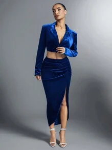 SHEIN BAE 西裝領短款絲絨西裝外套&褶邊高衩半身裙 - 藍色 - 查看 3