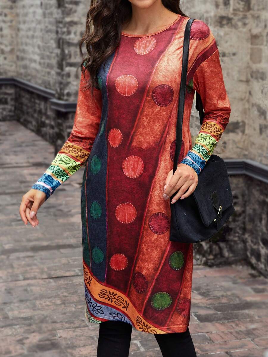 EMERY ROSE Casual Red Splicing Long Sleeve Dress - Red - View 1