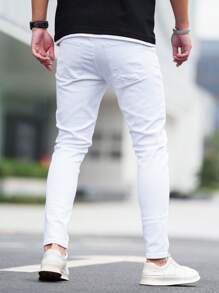 Manfinity Homme Men's Street Style White Denim Jeans Slim Fit Long Washed Light Jean Cargo Plain All Work Business Casual Husband - White - View 2
