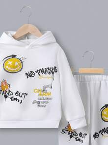 SHEIN 男小童卡通和標語圖案連帽衫和運動褲 - 白色 - 查看 3