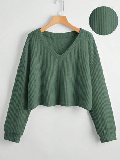 Flirla Plus Solid V-Neck Waffle Knit Tee Fall Cloth For Women
