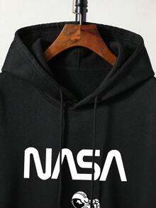 男士大尺碼字母和太空人印花袋鼠口袋抽繩連帽衫 - 黑色 - 查看 5