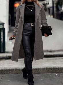 Calvaya Plus Size Women's Houndstooth Lapel Woolen Coat - Grey - View 4