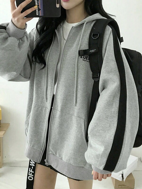 Giacca con cappuccio con chiusura lampo e stampa a lettere casual