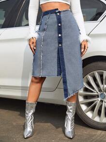 SHEIN Asymmetrical Hemline Frayed Denim Skirt - Medium Wash - View 1