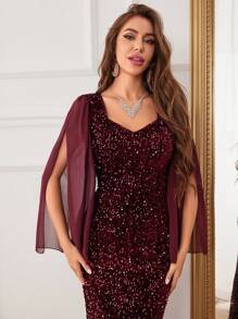 Damen Abendkleid mit Pailletten, Kontrastärmel aus Mesh, Fischschwanz, für Partys, Hochzeitsgäste, formelle Anlässe, Ballkleid - Bordeaux - Übersicht 6