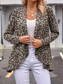 SHEIN LUNE Women's Leopard Print Asymmetrical Hem Coat - Multicolor - View 3