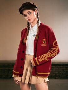 Harry Potter | ROMWE Cárdigan holgado de mujer con logo bordado de la casa Gryffindor, hombros caídos - Rojo - Ver 7