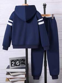 青少年男孩拉鍊閉合休閒保暖運動服,兩件式套裝 - 藍色 - 查看 2