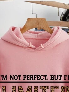 SHEIN LUNE 女士標語印花束口連帽衛衣 - 淺粉色 - 查看 5