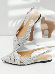 Silver Round Toe Flat Party Shoes, Random Surface Material - Beige - View 5