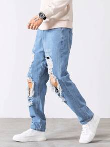 Manfinity Roughcore Bărbați Bumbac Decupat rupte zgârieturi de pisică zgârieturi Blugi cu picioare drepte Jean lung largi Cargo uni Albastru deschis Going Rock and Roll Friends