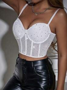 Allurite 无袖短款上衣，钻石装饰，收腰设计，性感时尚 - 白色 - 查看 4