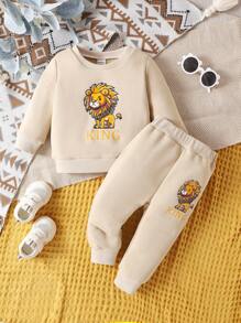 2023年春秋新款嬰兒男童獅子印花長袖運動服和慢跑褲套裝,休閒運動風格 - 杏色 - 查看 1
