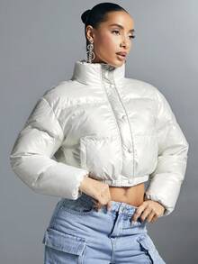 SHEIN BAE 纯色按扣拉链前衬垫大衣 - 白色 - 查看 4