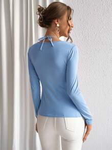 SHEIN Privé Cổ Trái tim Nút phía trước Xoay eo Áo thun - Màu xanh lam - Xem 2
