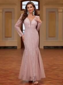 SHEIN Belle Luxury Heavy Duty Women's Evening Prom Dress With Embroidery And Mesh Panel - Pink - View 7