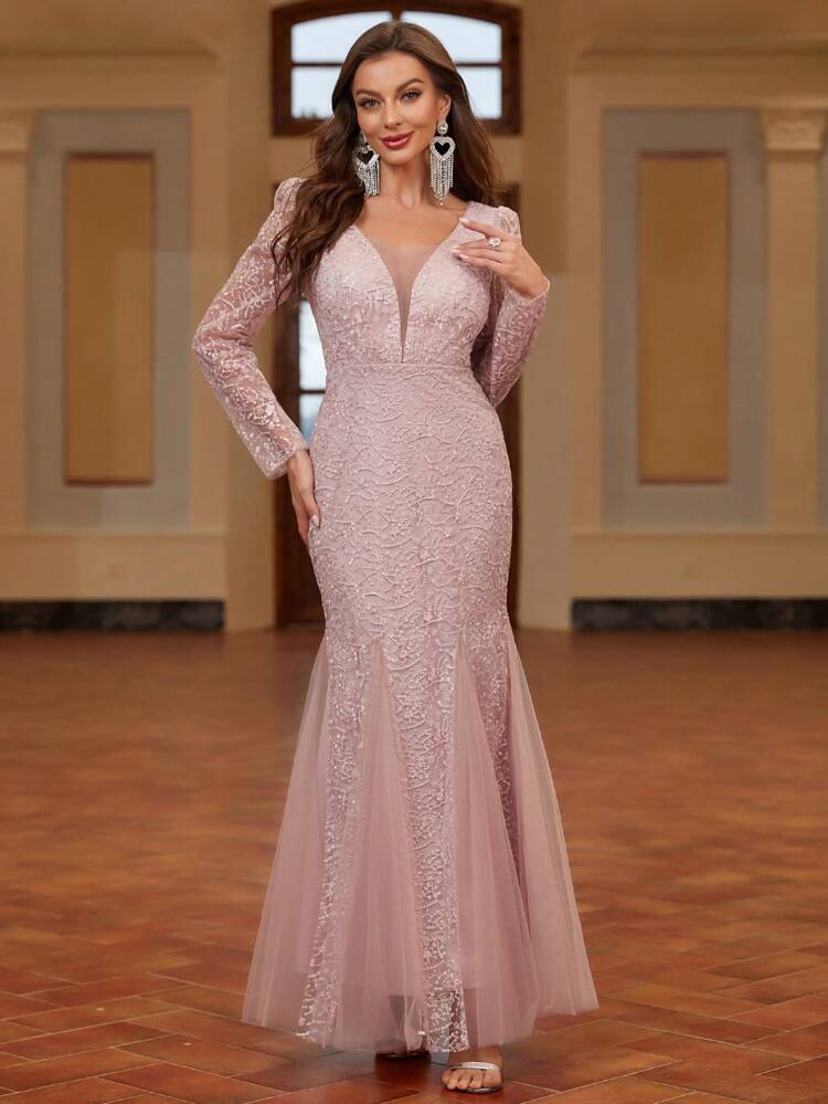Luxury Heavy Duty Women's Evening Prom Dress With Embroidery And Mesh Panel