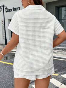 Calvaya Plus Size Women's Zipper Half-placket T-shirt And Shorts Set - White - View 2