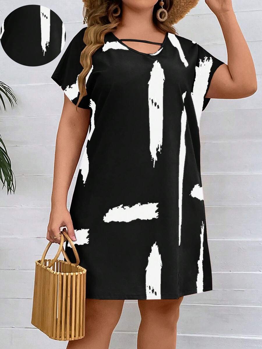 SHEIN LUNE Đầm Plus Size Cắt ra Đồ họa Giải trí - Đen và trắng - Xem 1