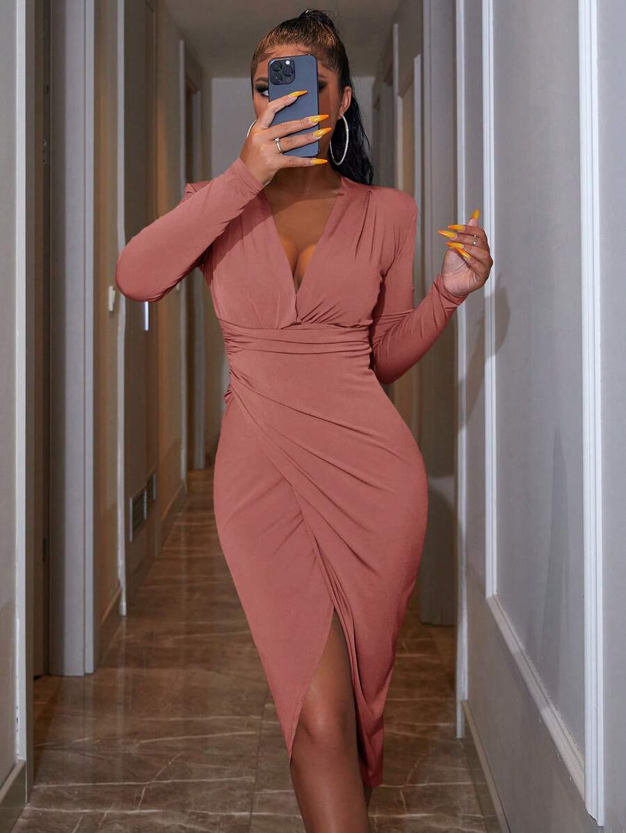 SHEIN Cottnline Women's Deep V-neck Solid Color Pleated Slit Hem Dress - Rusty Rose - View 1
