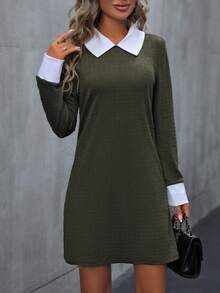 SHEIN Unity 黑色針織連身裙,秋冬季腰部收緊及彼得潘領設計 - 軍綠色 - 查看 4