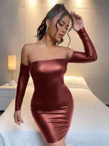 SHEIN SXY 露肩修身連身裙 - 酒紅色 - 查看 1