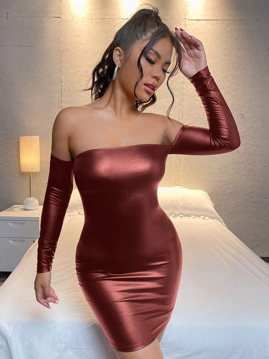 SHEIN SXY 露肩修身連身裙 - 酒紅色 - 查看 1