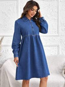 SHEIN LUNE Half Zip Denim Smock Dress - Medium Wash - View 3