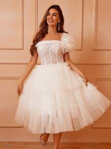 SHEIN Belle Off Shoulder Ruffle Trim Mesh Wedding Dress - White - View 8