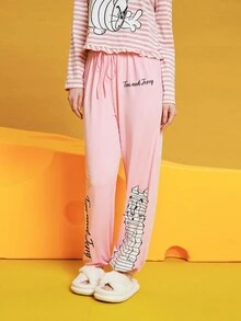 TOM & JERRY X SHEIN Women's Striped T-shirt And Drawstring Cartoon Printed Long Pants Pajama Set - Multicolor - View 6