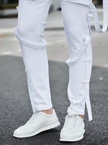 Manfinity Homme 男士街头时尚白色牛仔裤，磨边牛仔裤纯色修身长款白色洗水工装牛仔裤，适合送给老公、男朋友的礼物 - 白色 - 查看 7