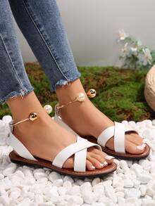 歐美風格女款大尺碼交叉串珠白色涼鞋夏季休閒時尚露趾沙灘鞋 - 白色 - 查看 2