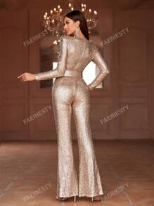 Faeriesty Sweetheart Neck Sequin Buckle Belted Jumpsuit, For Wedding Guest