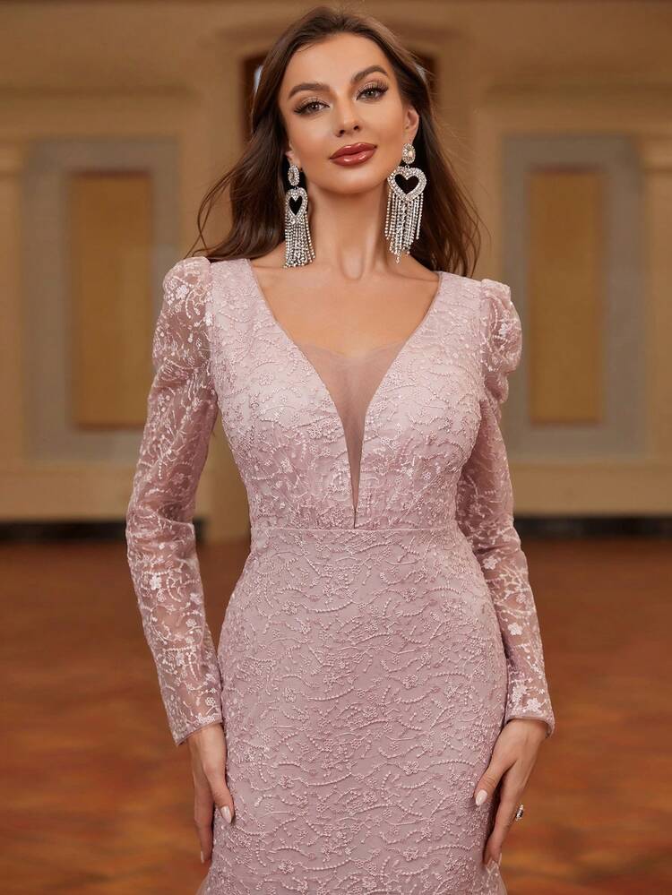 Luxury Heavy Duty Women's Evening Prom Dress With Embroidery And Mesh Panel