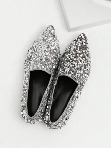 Fashionable Ladies' Silver Glitter Pointed-toe Flat Shoes, Versatile Style - Silver - View 6