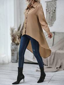 EMERY ROSE Camisa de hombros caídos bajo irregular - Caqui - Ver 4