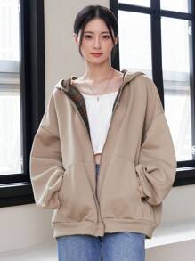 DAZY 女式格紋襯裡印花拉鍊連帽衫 - 卡其色 - 查看 5