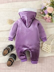 女嬰韓式毛絨羊毛連帽拉鍊連身褲,秋冬 - 紫色 - 查看 2