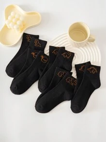 5雙孩子們的中性黑色卡通圖案中筒襪適用於全部季節 - 黑色 - 查看 2