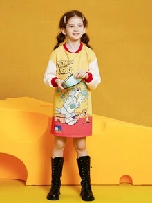 TOM & JERRY X SHEIN Tween Girl Cartoon Pattern Drop Shoulder Dress - Multicolor - View 5