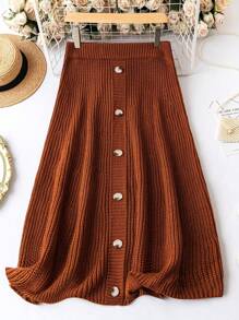 Calvaya Plus Button Detail Flare Knit Skirt - Brown - View 1