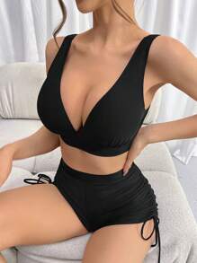 Swim DD+ Của phụ nữ Màu thuần Áo vest Phong cách Bikini Với dây rút - màu đen - Xem 1