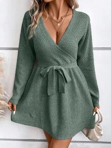 SHEIN Frenchy 單色v領裙子,蓬蓬裙底和腰部打結 - 綠色 - 查看 4