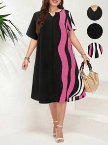 SHEIN LUNE Kích thước lớn Sọc Và In Chải Cổ chữ V Lỏng lẻo Đầm - Hồng - Xem 1