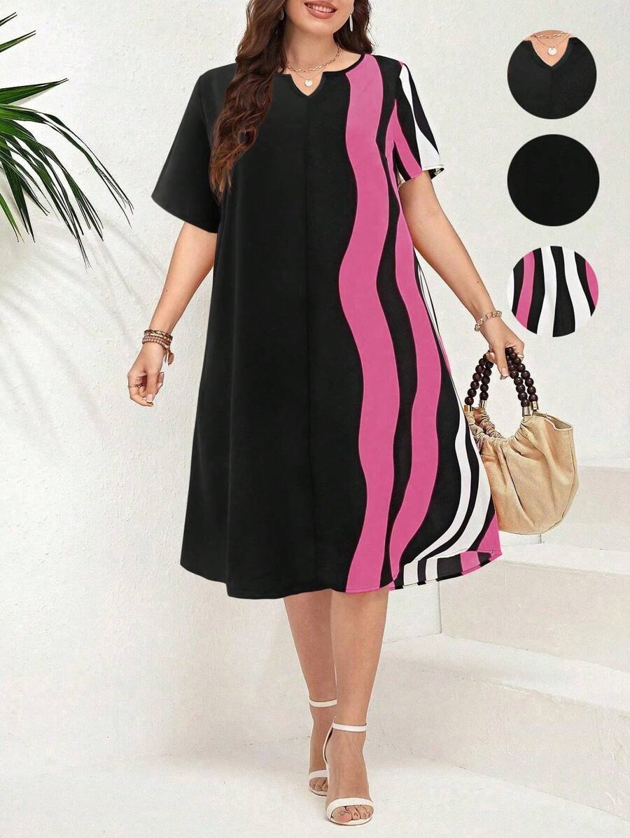 SHEIN LUNE Kích thước lớn Sọc Và In Chải Cổ chữ V Lỏng lẻo Đầm - Hồng - Xem 1