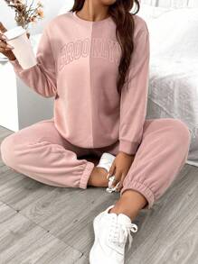 Flirla Women's Plus Size Letter Printed Fleece Sweatshirt And Sweatpants Two-piece Set - Pink - View 4